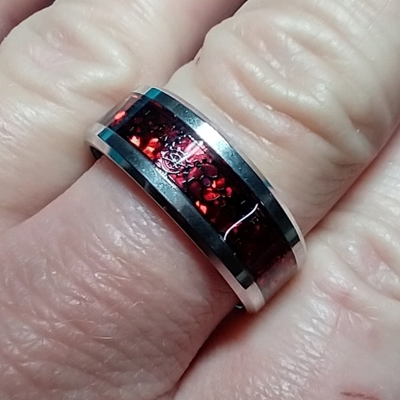 Silvertone red gear industrial band ring gothic - Picture 1 of 4